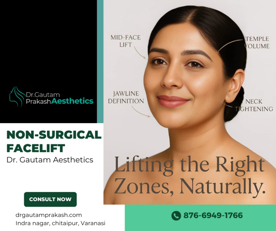 Indian woman showing results of a non-surgical face lift with highlighted treatment zones for mid-face lift, jawline definition, temple volume, and neck tightening.