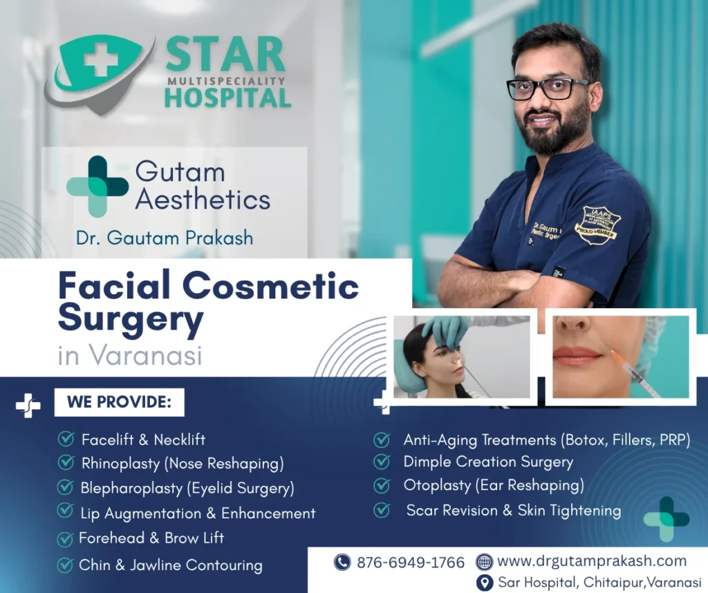 Facial cosmetic surgery services in Varanasi – facelift, rhinoplasty, eyelid surgery, lip augmentation, brow lift by Dr. Gautam Prakash