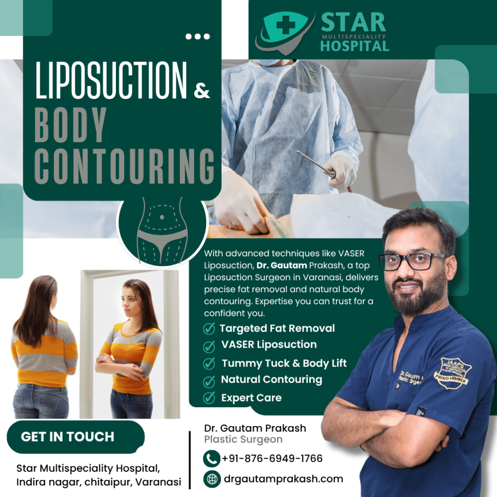 Liposuction Before and After image showing fat removal from abdomen and flanks for body contouring by a Liposuction Surgeon in Varanasi.