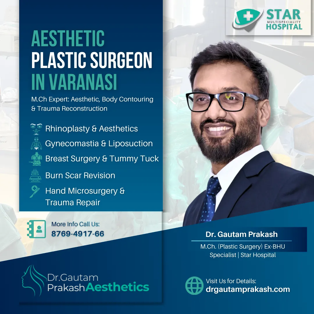 Dr. Gautam Prakash, Plastic Surgeon in Varanasi, M.Ch, at Star Hospital, specializing in aesthetic, reconstructive, and gynecomastia surgery in varanasi.