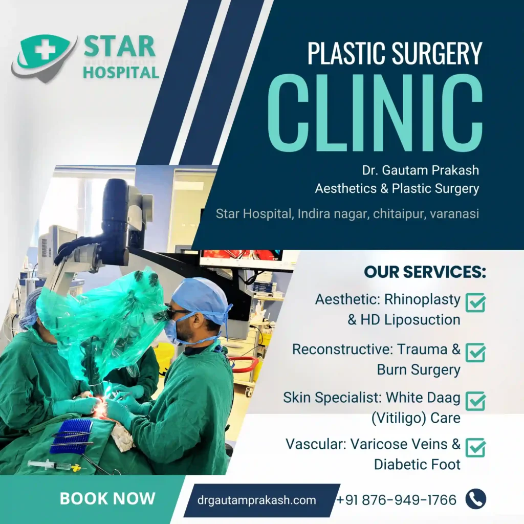 Dr. Gautam Prakash, the Best Plastic Surgeon in Varanasi, standing in front of Star Hospital.