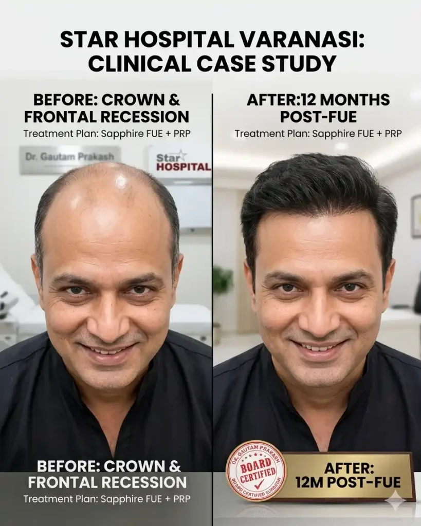 Dr. Gautam Prakash (M.Ch), top-rated hair transplant surgeon at Star Hospital, performing an AI Scalp Analysis at the best hair transplant clinic in Varanasi.