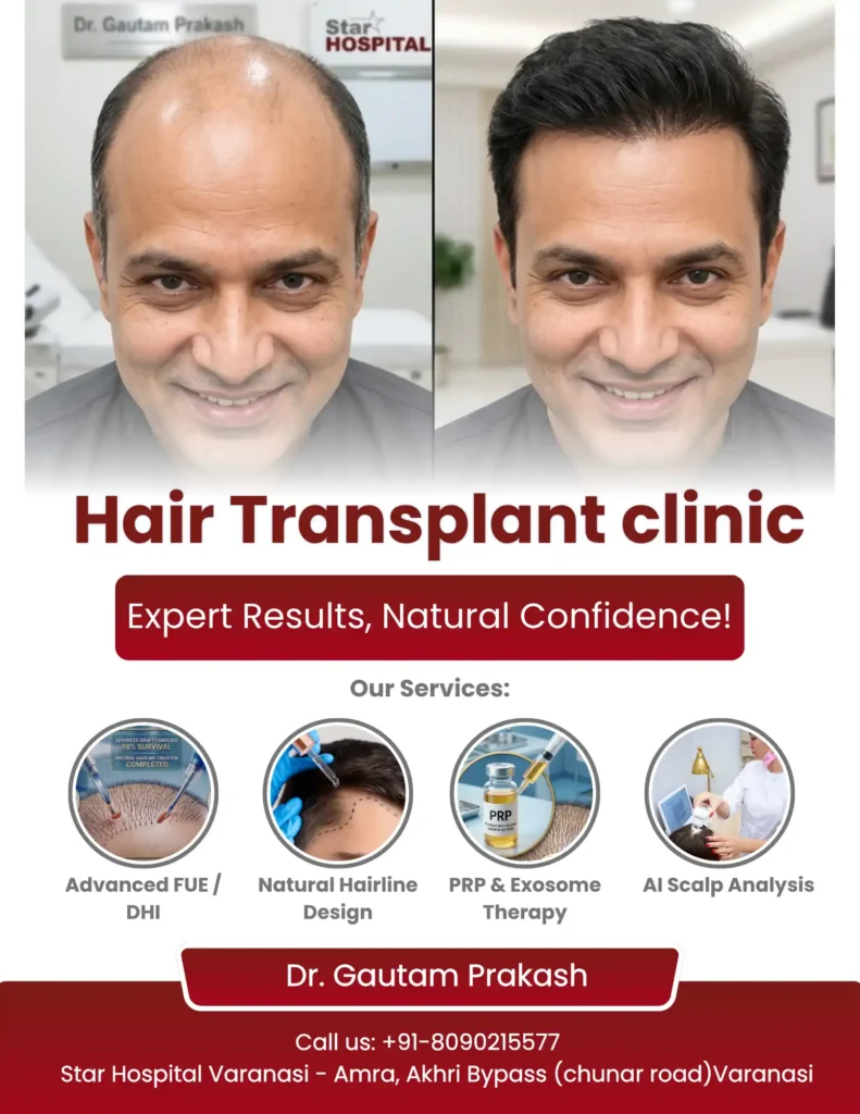 Dr. Gautam Prakash (M.Ch) conducting AI scalp analysis at the best hair transplant clinic in Varanasi.