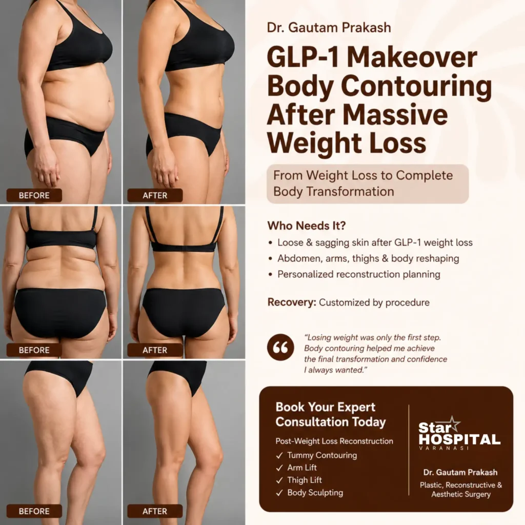 Schematic surgical mapping illustrating GLP-1 makeover body contouring procedures for massive skin removal after weight loss, featuring VASER liposuction and muscle repair vectors under M.Ch supervision at Star Hospital Varanasi.