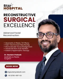 Advanced clinical facial scar revision surgery near me mapping vector lines tracking tissue contraction vectors and deep dermal scar tissue realignment executed by M.Ch board-certified reconstructive surgeon Dr. Gautam Prakash at Star Hospital Varanasi.