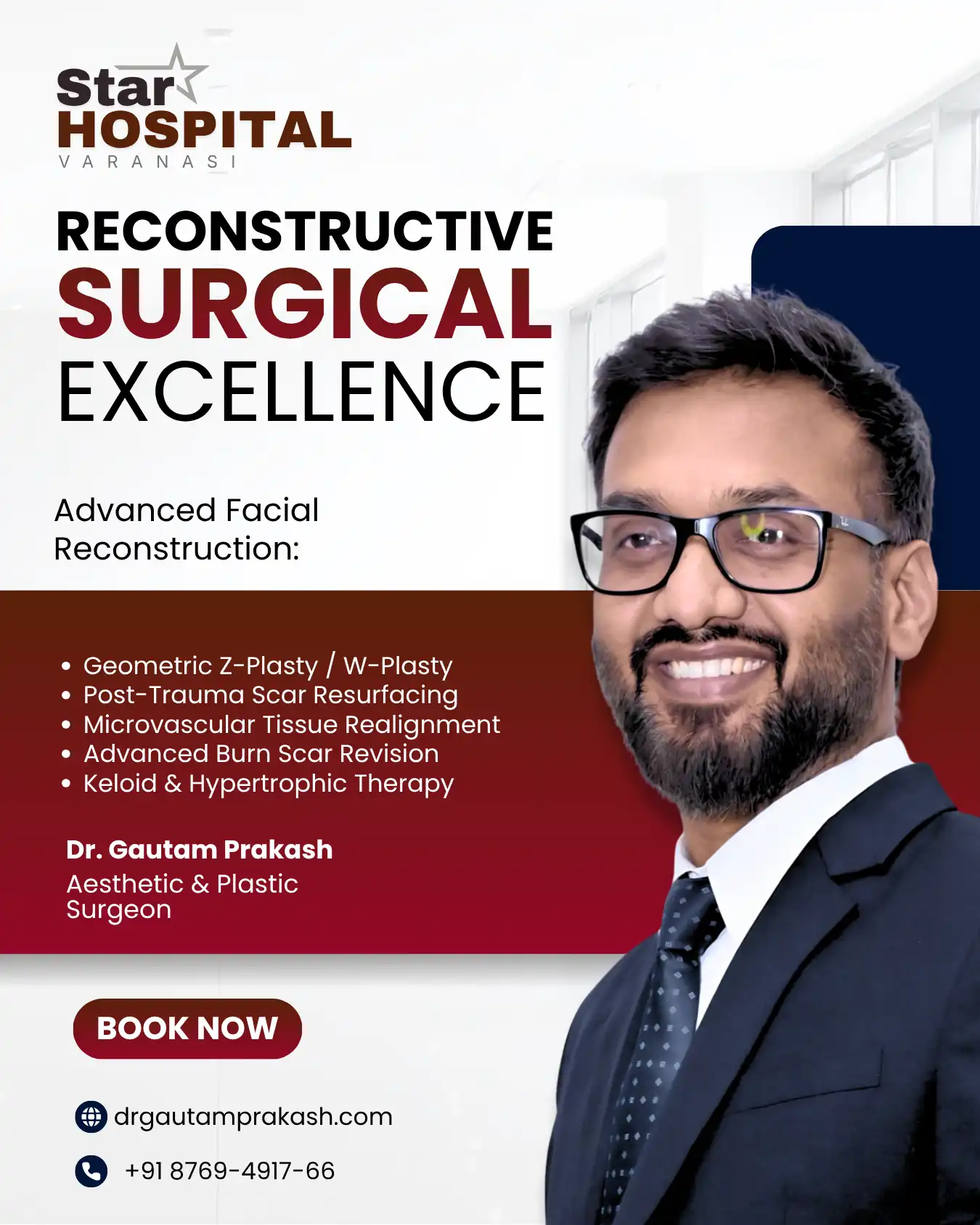 Advanced clinical facial scar revision surgery near me mapping vector lines tracking tissue contraction vectors and deep dermal scar tissue realignment executed by M.Ch board-certified reconstructive surgeon Dr. Gautam Prakash at Star Hospital Varanasi.