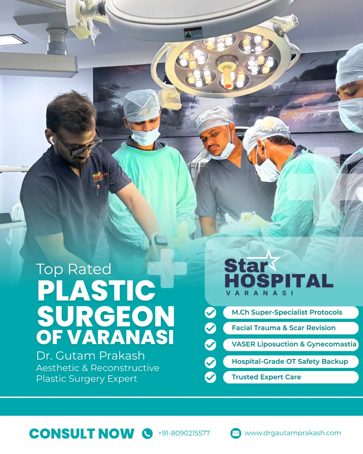 Dr. Gautam Prakash, board-certified M.Ch plastic surgeon, explaining aesthetic and reconstructive procedures at Star Multispeciality Hospital in Varanasi.