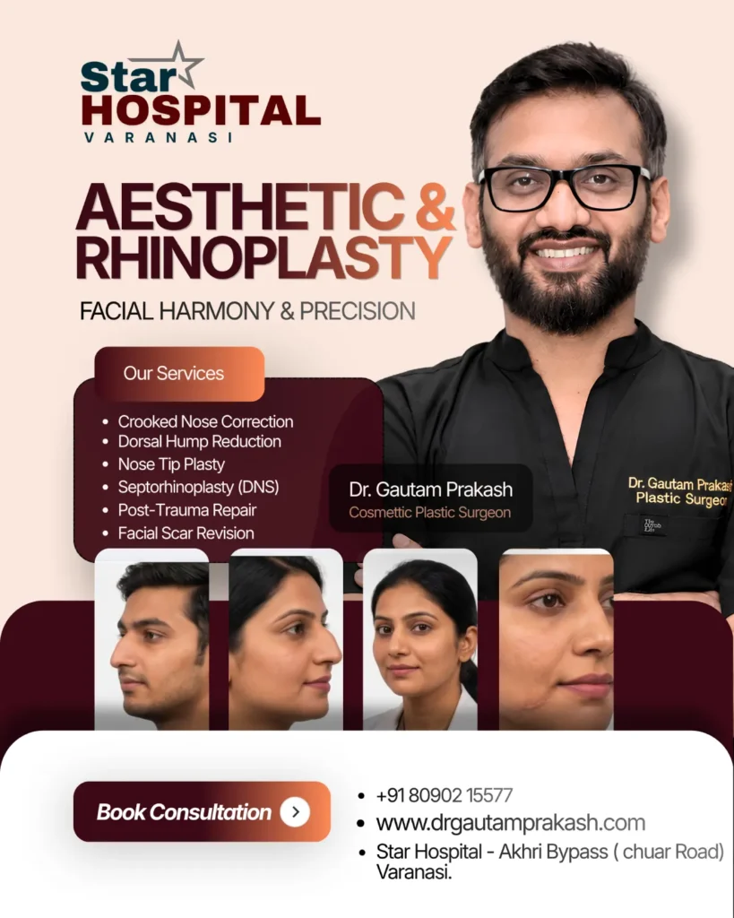 Clinical evaluation cases for rhinoplasty, crooked nose correction, nose tip refinement, and facial scar revision at Star Hospital Varanasi.